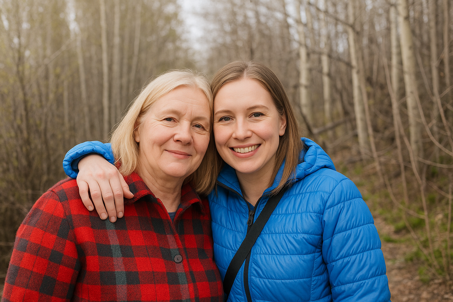 Two women outdoors in early spring